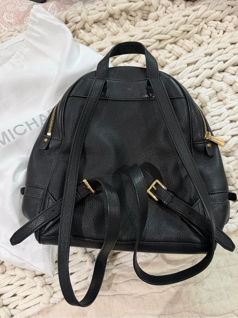 Michael Kors Black Leather Backpack with Gold-Tone Hardware